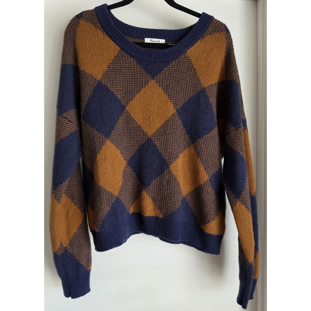 Madewell Womens XL Argyle Pullover Sweater Brown Blue Long Sleeve Round Neck